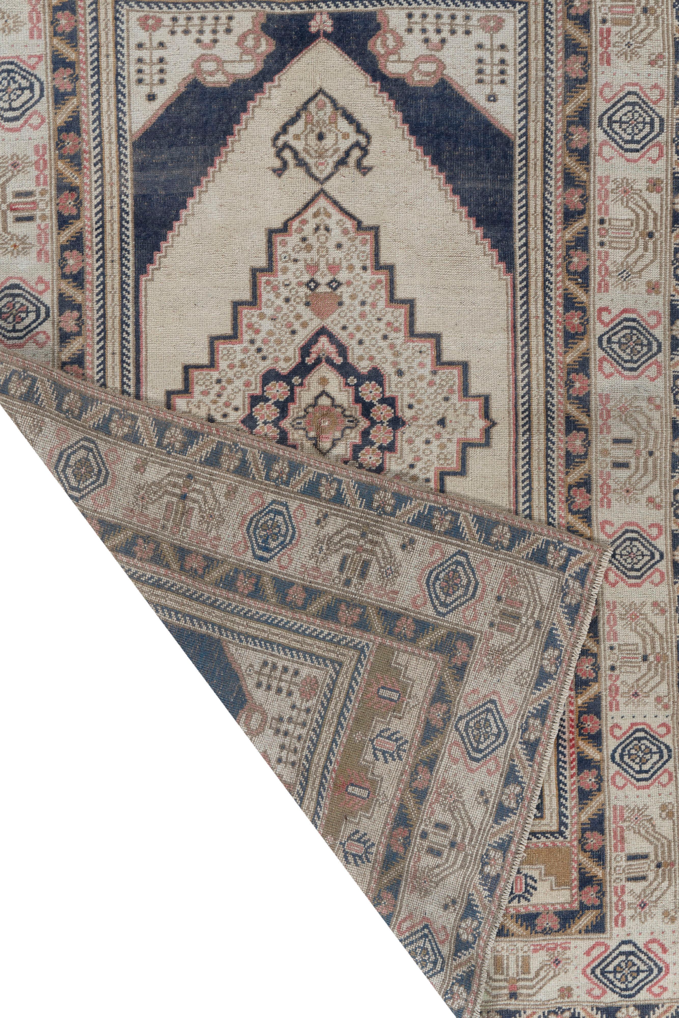 20th Century Vintage Ivory Blue Turkish Oushak Area Rug For Sale