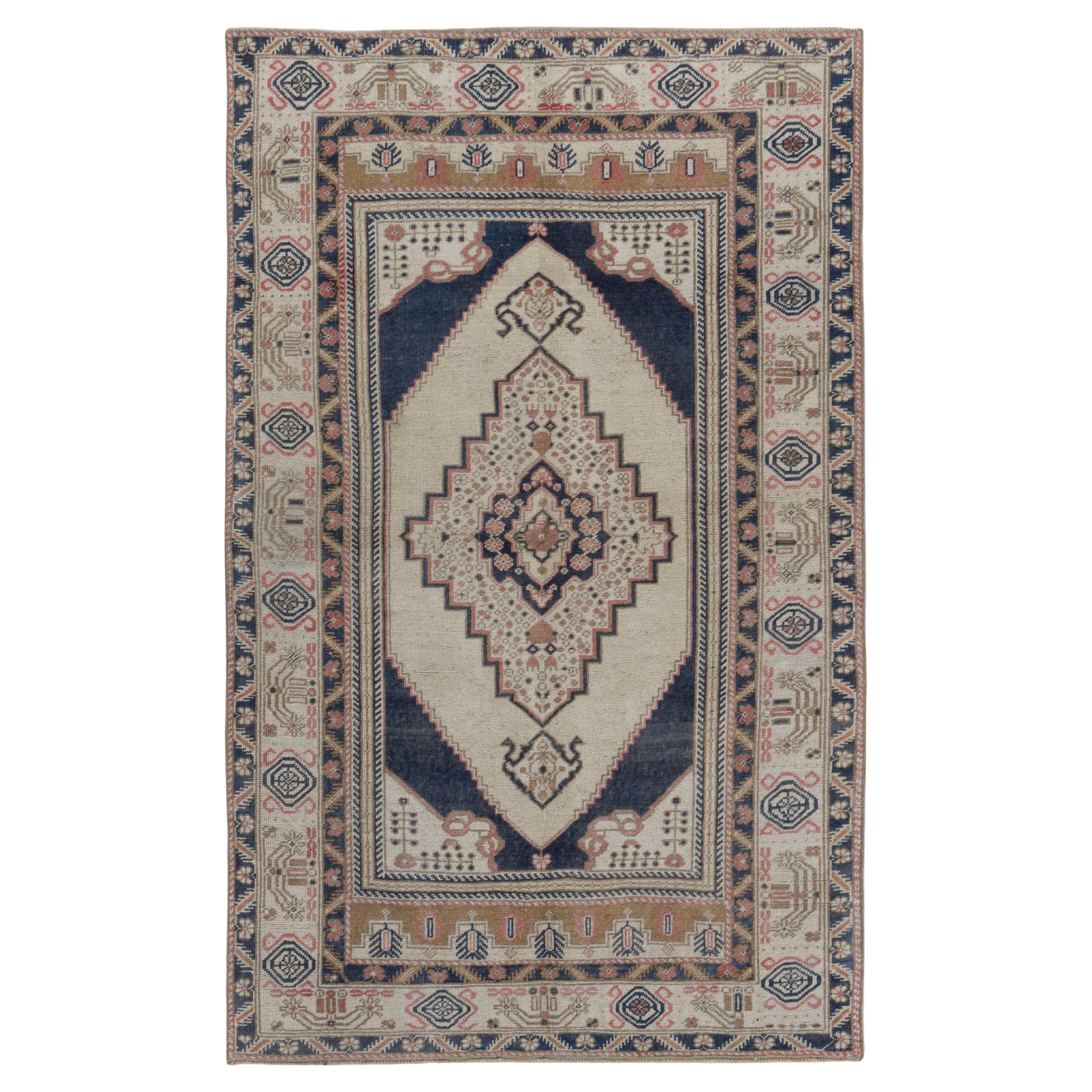 Vintage Ivory Blue Turkish Oushak Area Rug