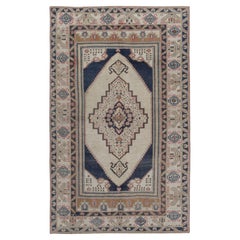 Vintage Ivory Blue Turkish Oushak Area Rug