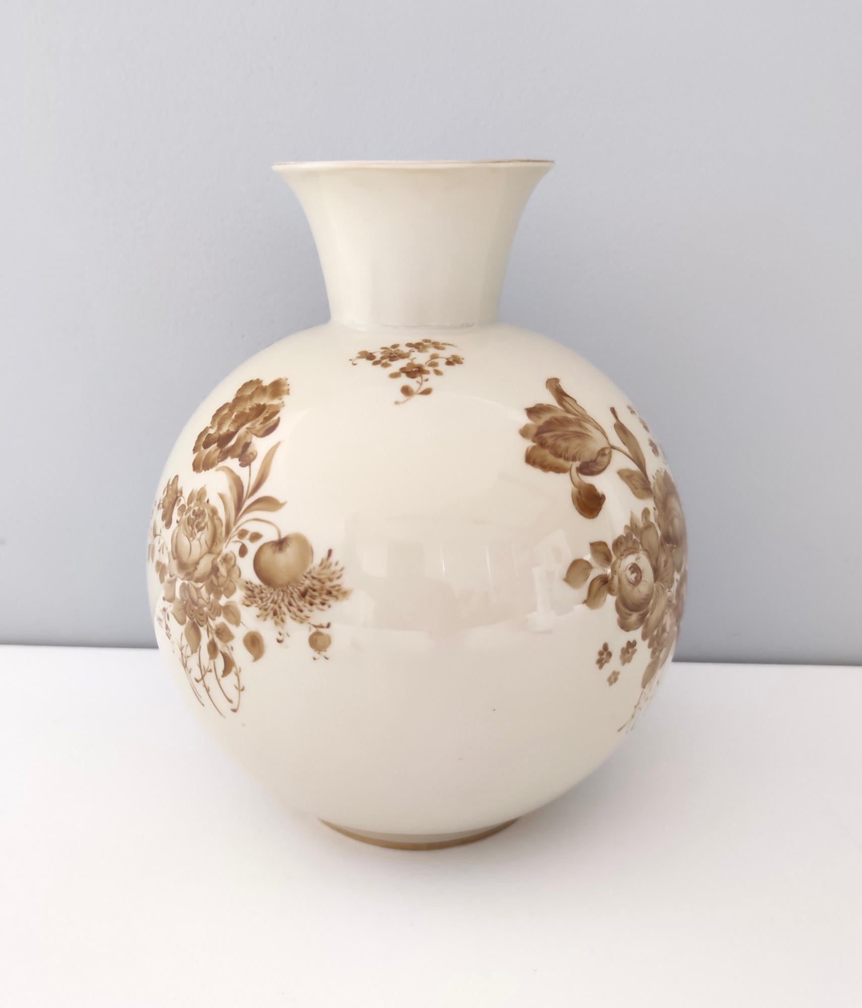 Mid-Century Modern Vintage Ivory Ceramic Vase with Brown Floral Details by Rosenthal, Italy For Sale
