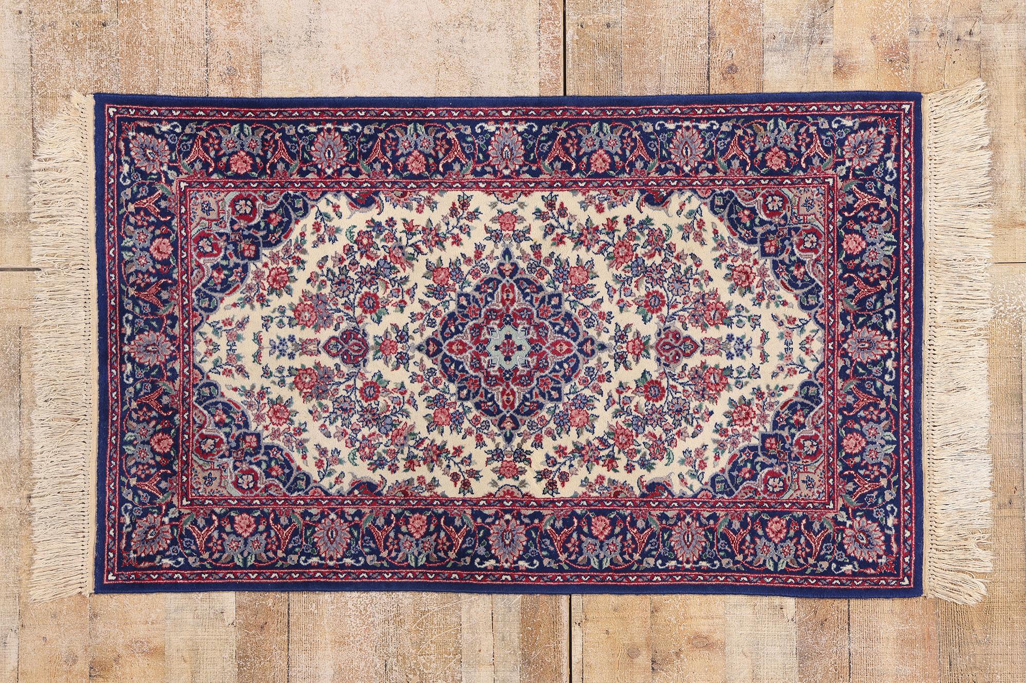 79250 Vintage Ivory Chinese Tabriz Rug, 03'01 x 05'02. Evoking the grandeur of a bygone era where imperial refinement met artistic mastery, this hand-knotted wool vintage Chinese Tabriz rug radiates with aristocratic elegance and compositional