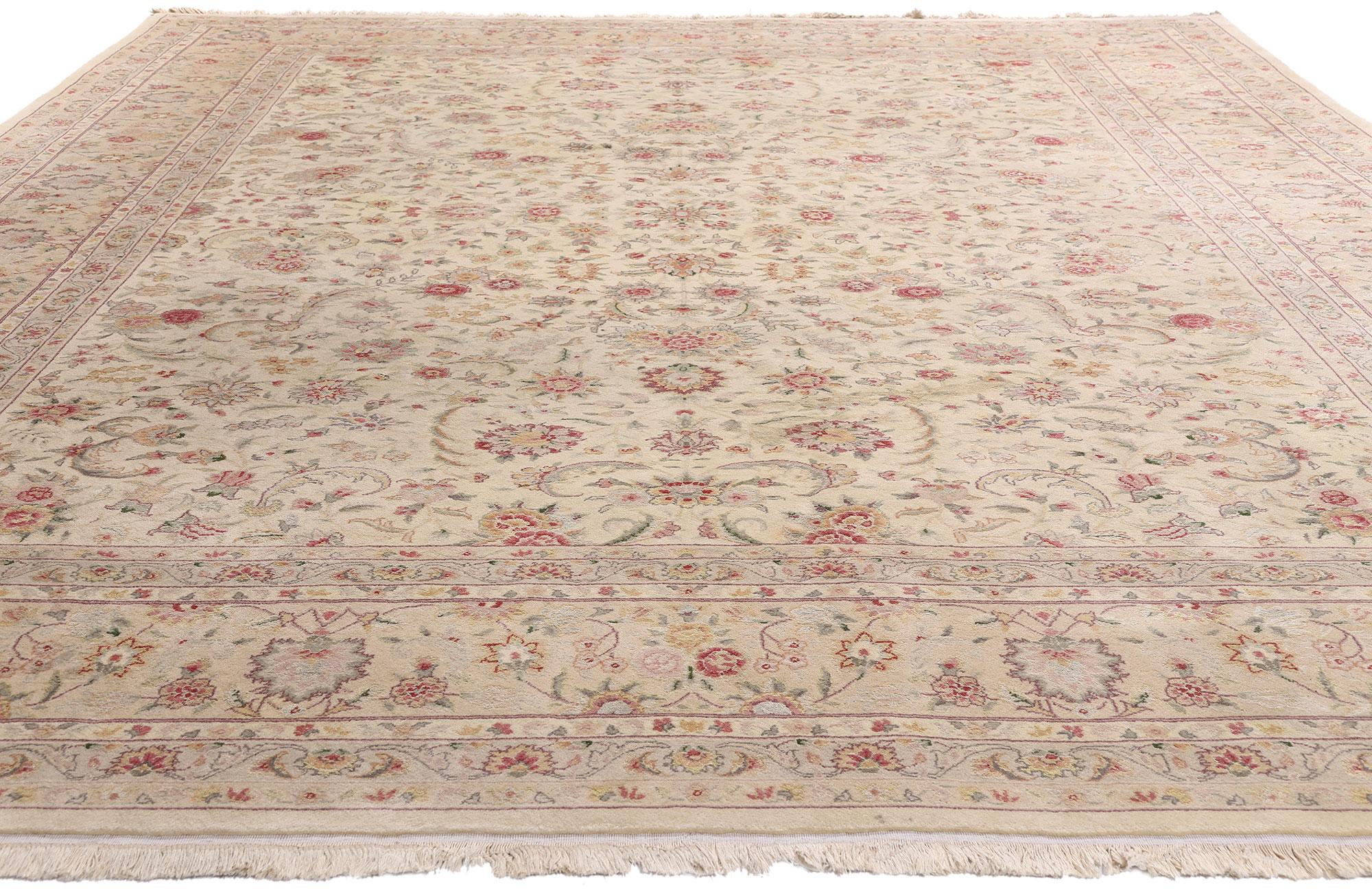Hand-Knotted Vintage Ivory Chinese Wool and Silk Tabriz Rug with Traditional Style For Sale