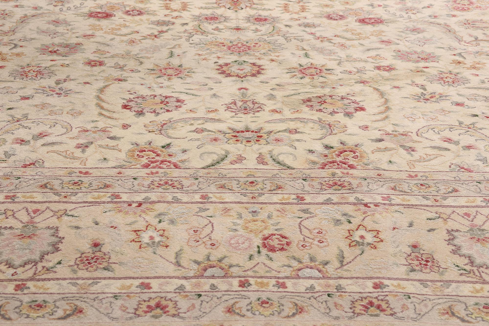 20th Century Vintage Ivory Chinese Wool and Silk Tabriz Rug with Traditional Style For Sale
