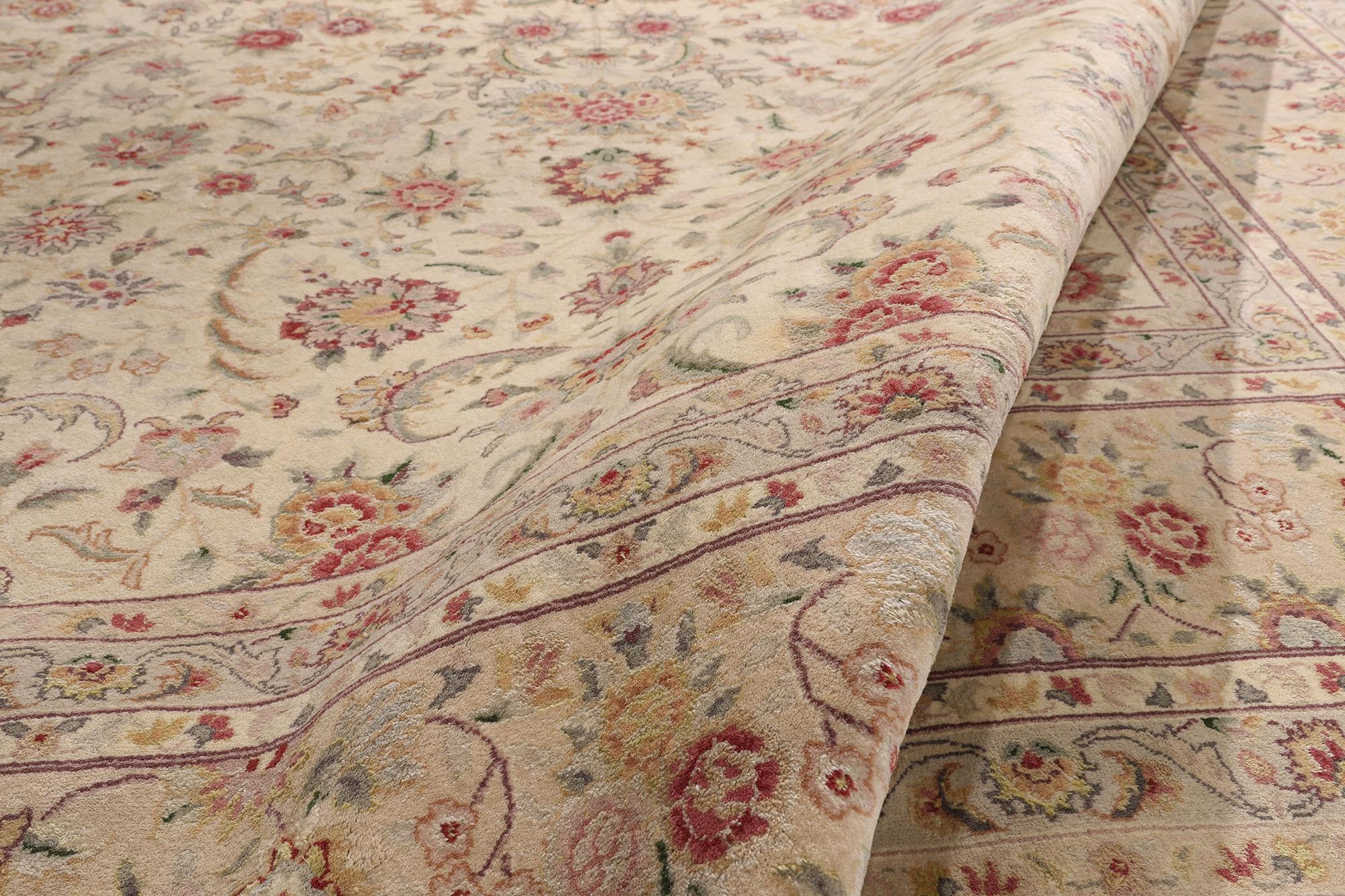 Vintage Ivory Chinese Wool and Silk Tabriz Rug with Traditional Style For Sale 1