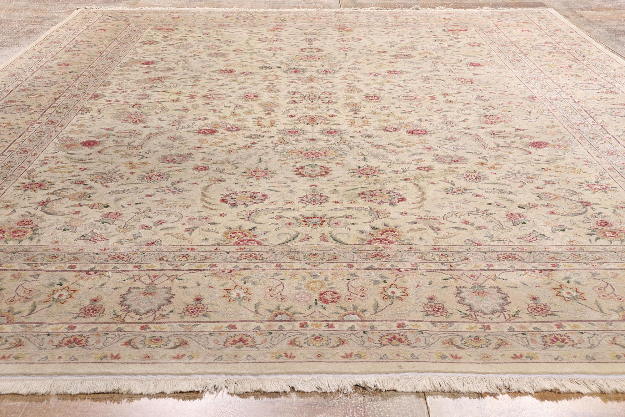 Vintage Ivory Chinese Wool and Silk Tabriz Rug with Traditional Style For Sale 4