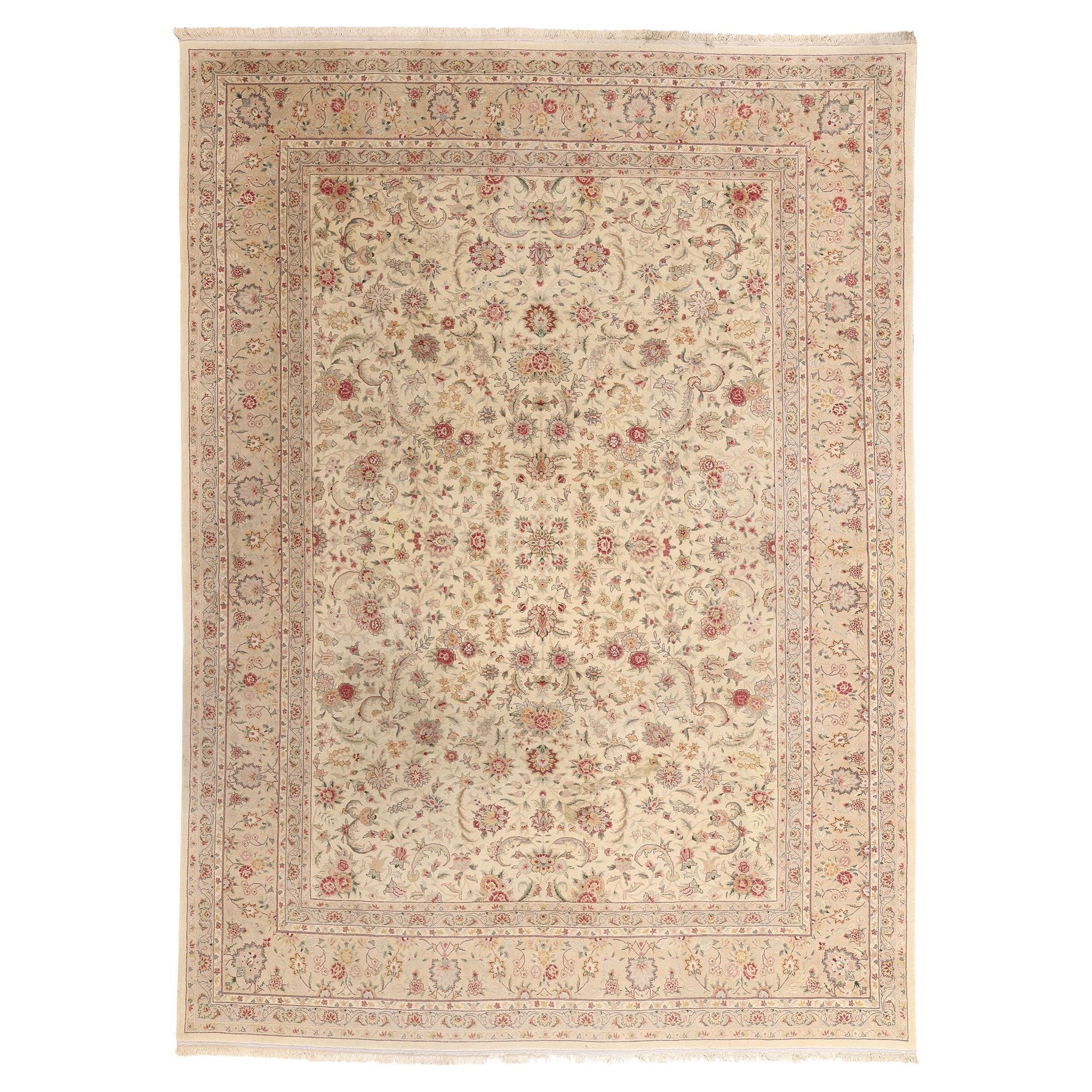 Vintage Ivory Chinese Wool and Silk Tabriz Rug with Traditional Style