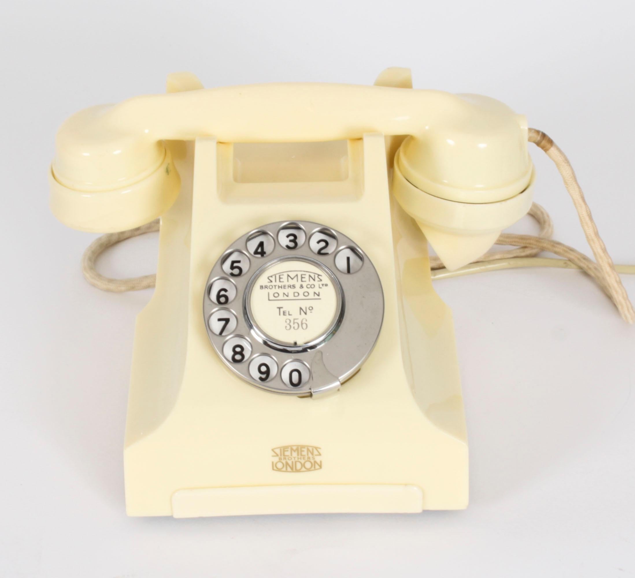 A rare vintage colour model 356 telephone manufactured by Siemens Brothers & Co Ltd in 1954 for the Post Office.

The phone has got a removable tray for storing your local dialing codes, a chrome dial with the numbers  in black,  and has the