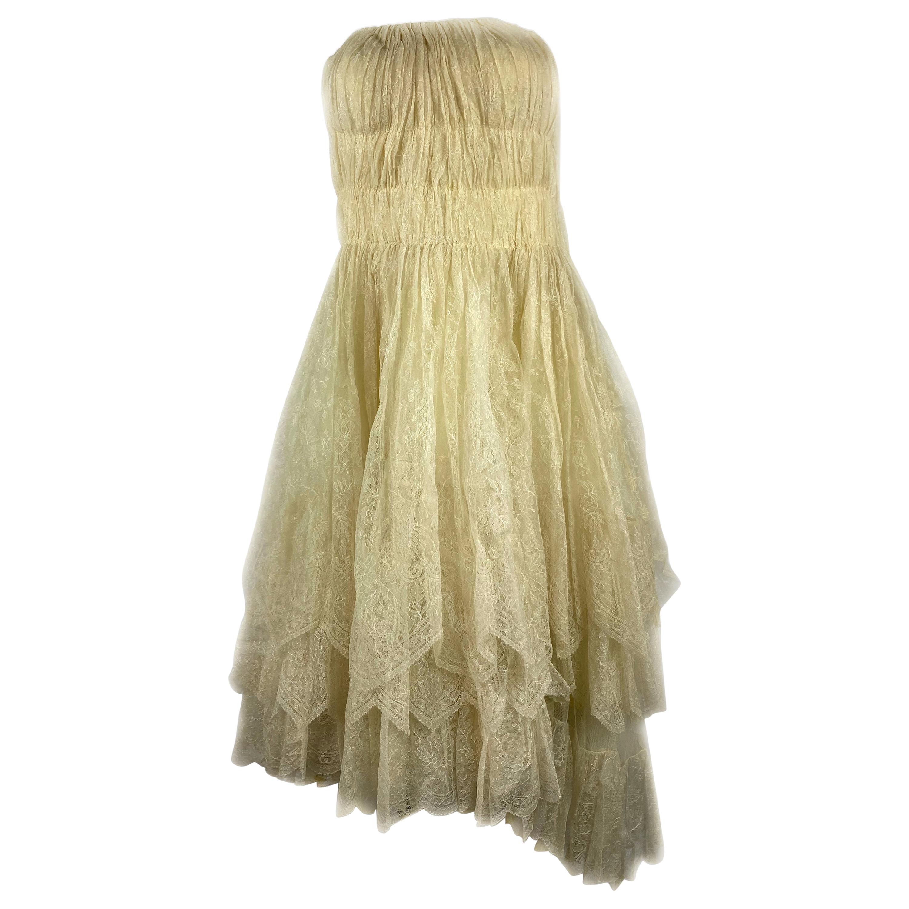 1900s Lanvin Ivory Cream Floral Lace Sleeveless Midi Dress 