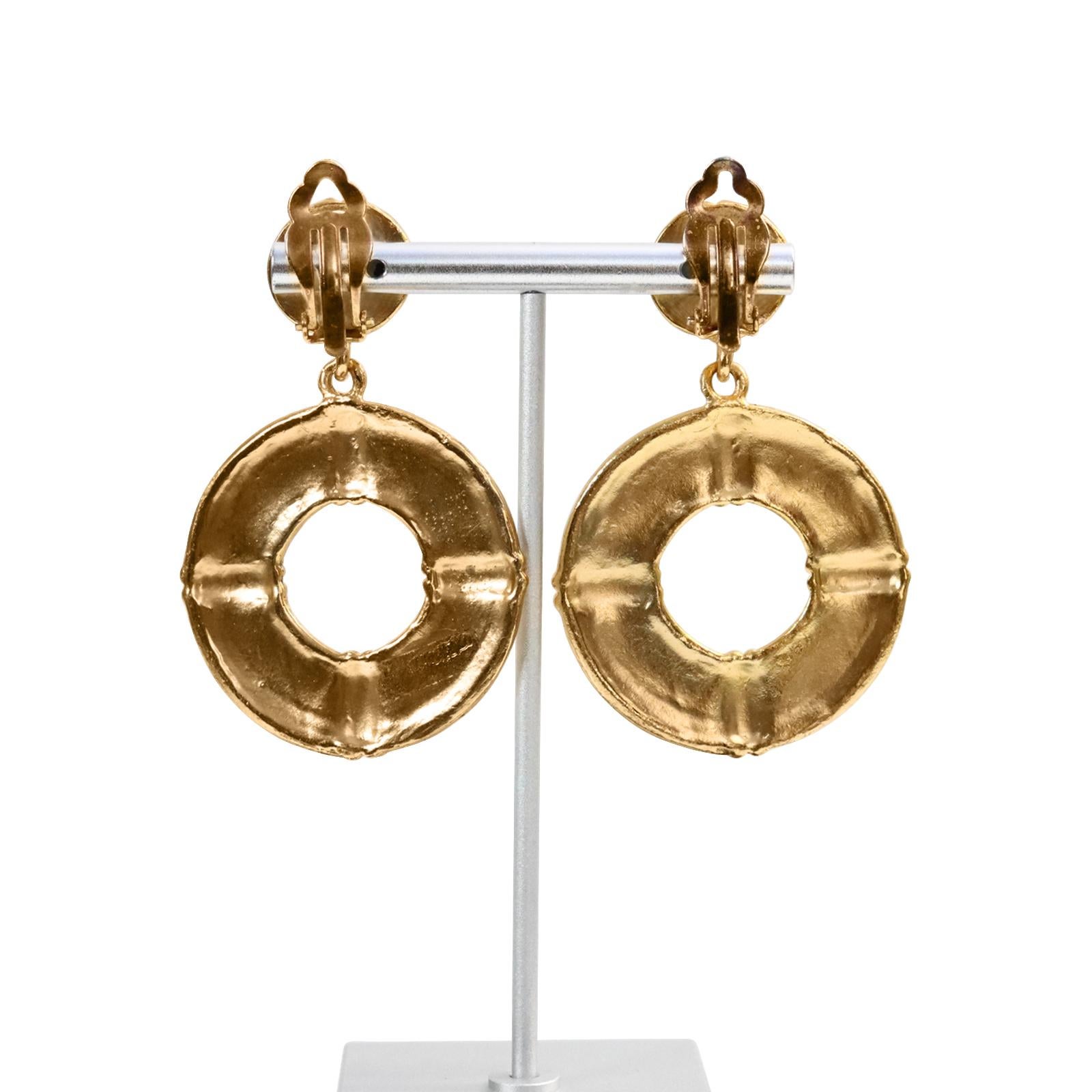Modern Vintage Ivory Enamel and Gold Dangling Hoop Earrings, Circa 1980s For Sale