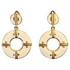 Vintage Ivory Enamel and Gold Dangling Hoop Earrings, Circa 1980s