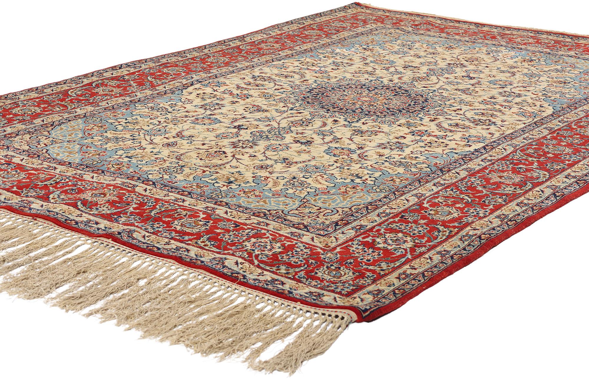 78918 Vintage Persian Isfahan Rug, 04'11 x 07'08. Behold the timeless elegance of this hand-knotted wool vintage Persian Isfahan rug, a masterpiece that weaves together the beauty of Persian artistry and the grandeur of centuries-old craftsmanship.