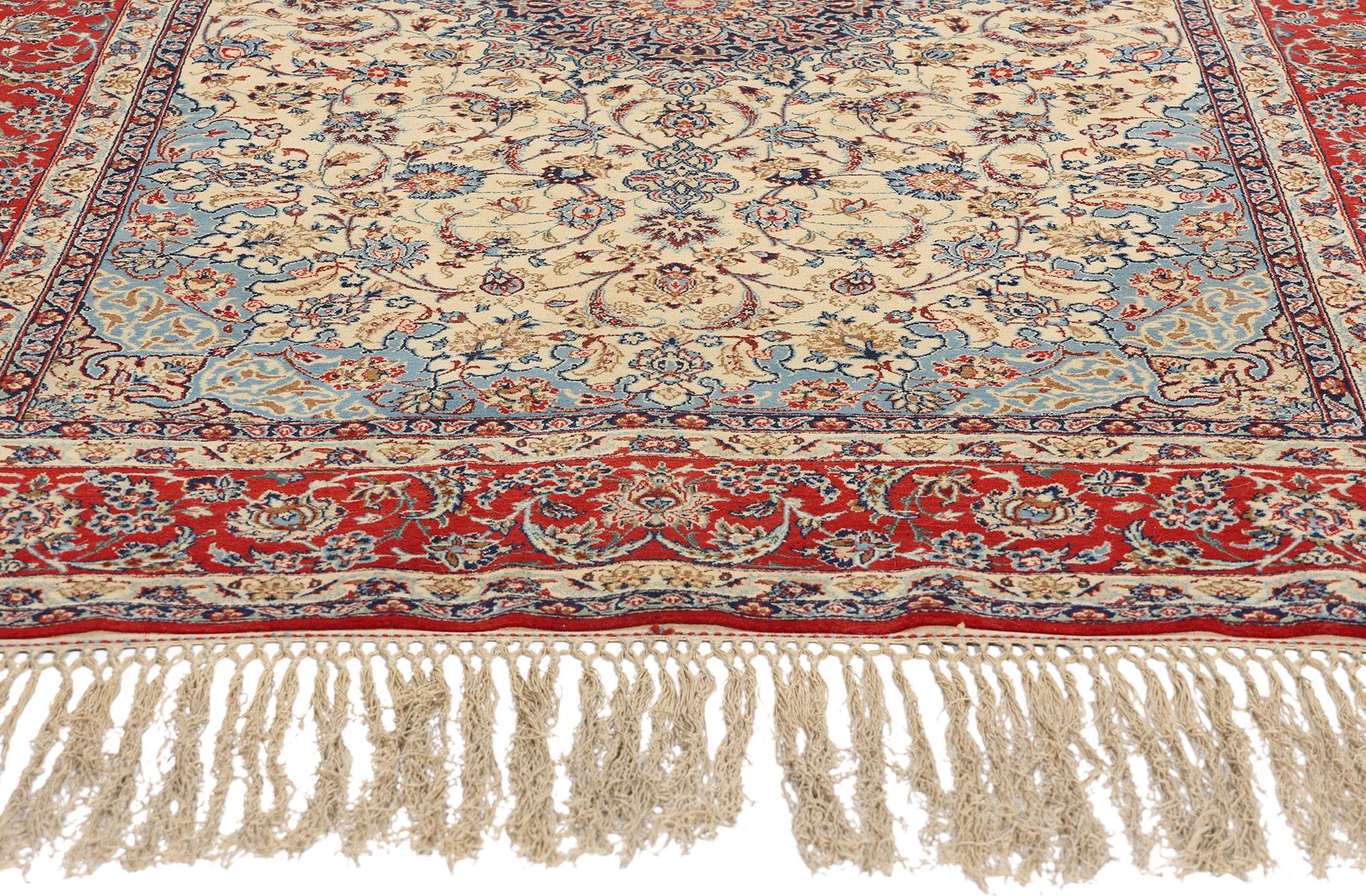 Hand-Knotted Vintage Ivory Persian Isfahan Rug, 04'11 x 07'08 For Sale