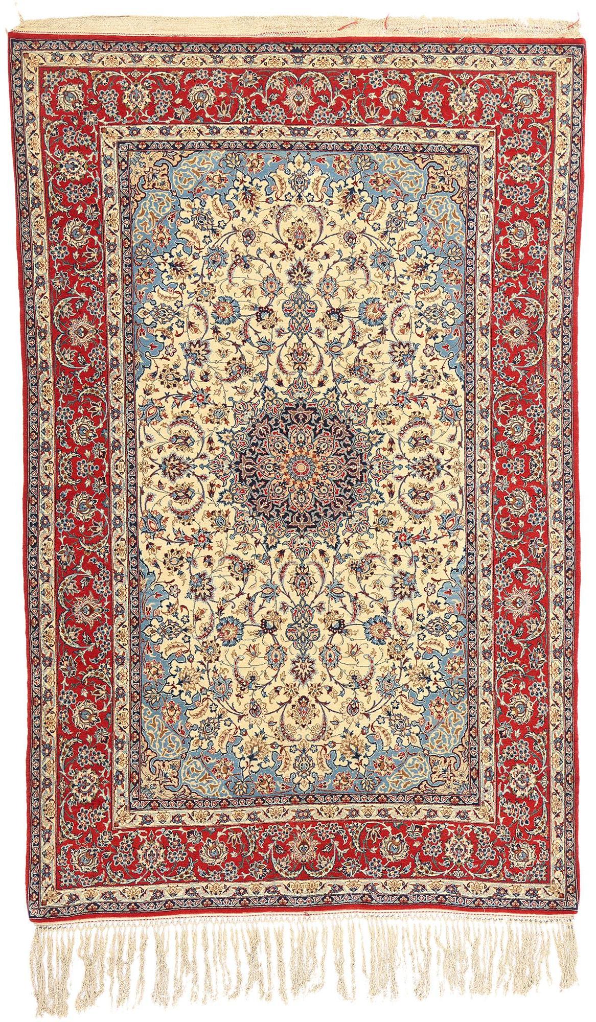Vintage Ivory Persian Isfahan Rug, 04'11 x 07'08 For Sale