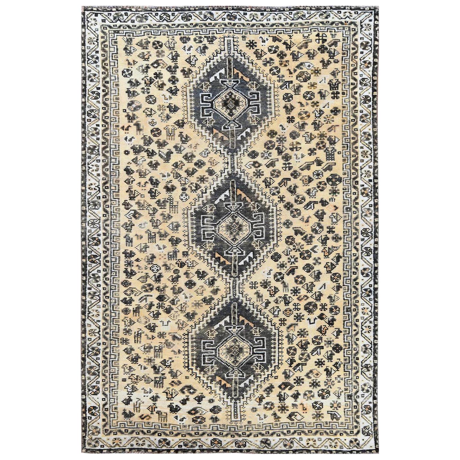 Vintage Ivory Persian Qashqai Handmade Wool Distressed Bohemian Rug