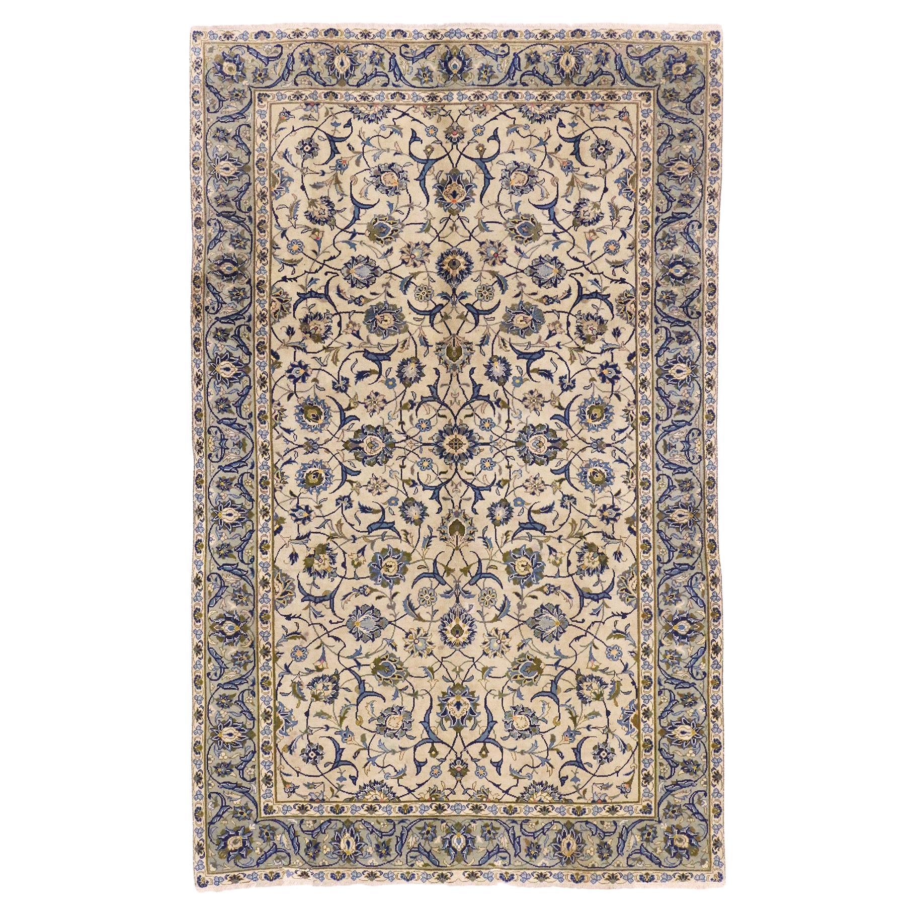 Vintage Ivory Persian Yazd Rug, Timeless Sophistication Meets Neoclassical Style For Sale