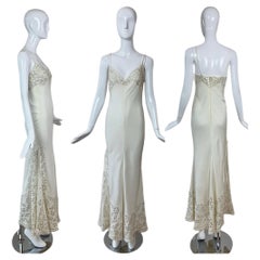 VINTAGE Ivory Silk Blend Eyelet Maxi Dress Gown w. Slit