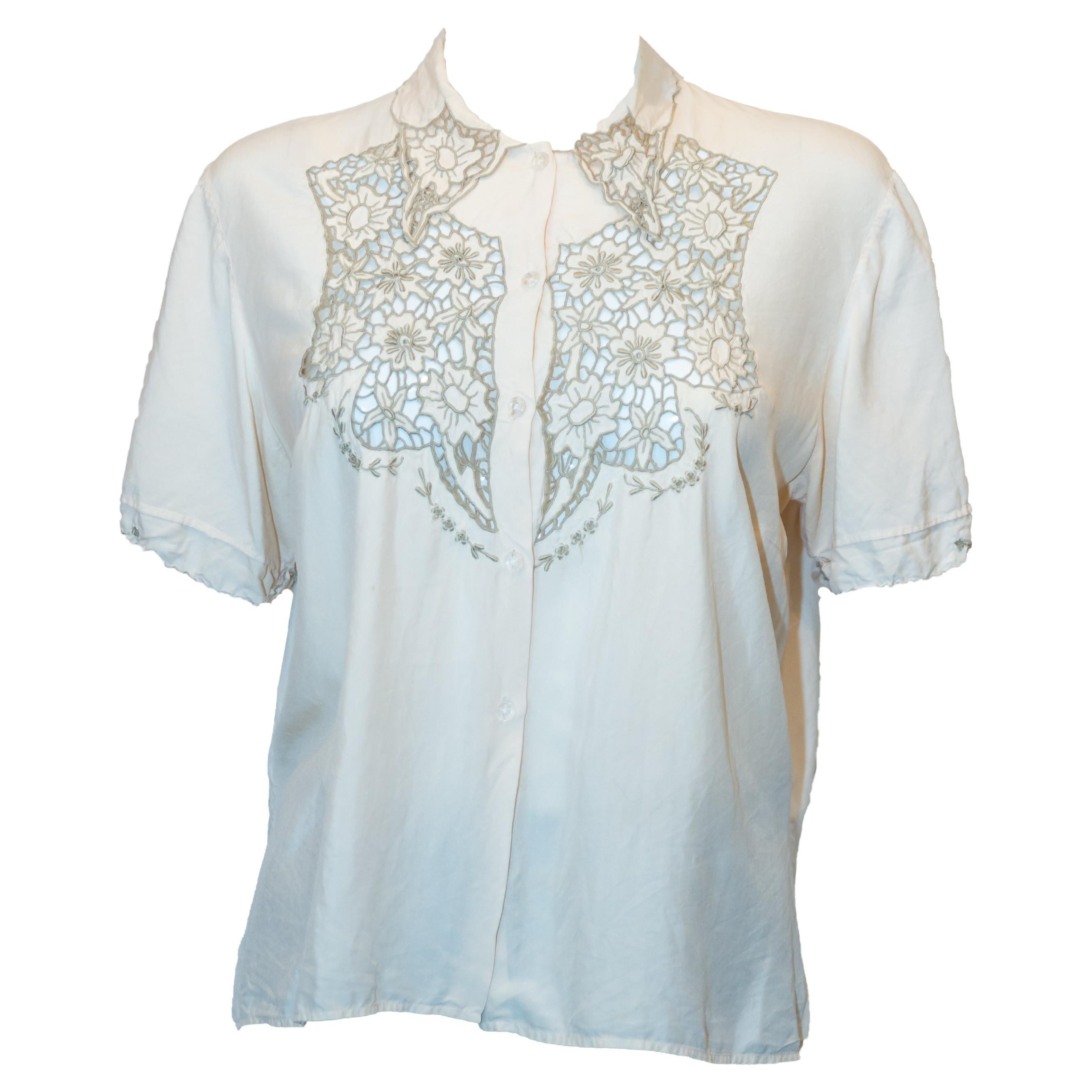 Vintage Ivory Silk Blouse with Embroidery  For Sale
