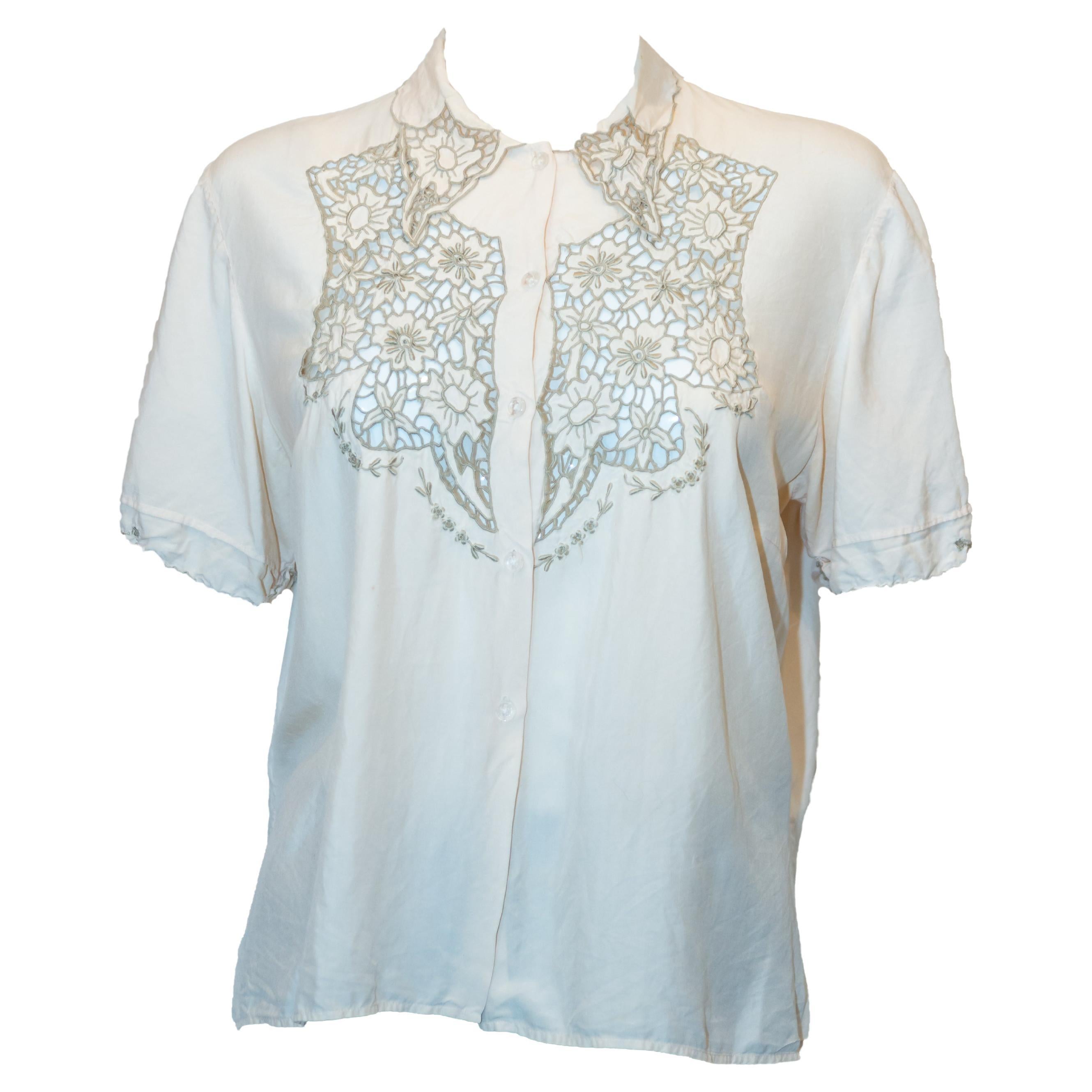 Vintage Ivory Silk Blouse with Embroidery For Sale