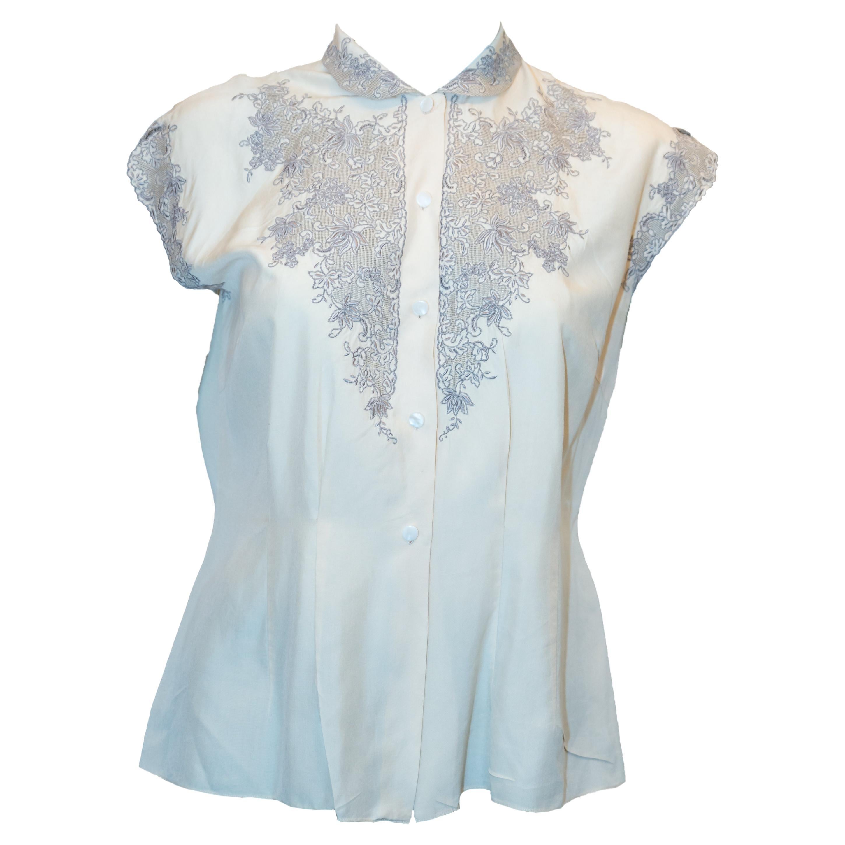 Madeira handmade cut work lace embroidered blouse in off white 1950s at ...