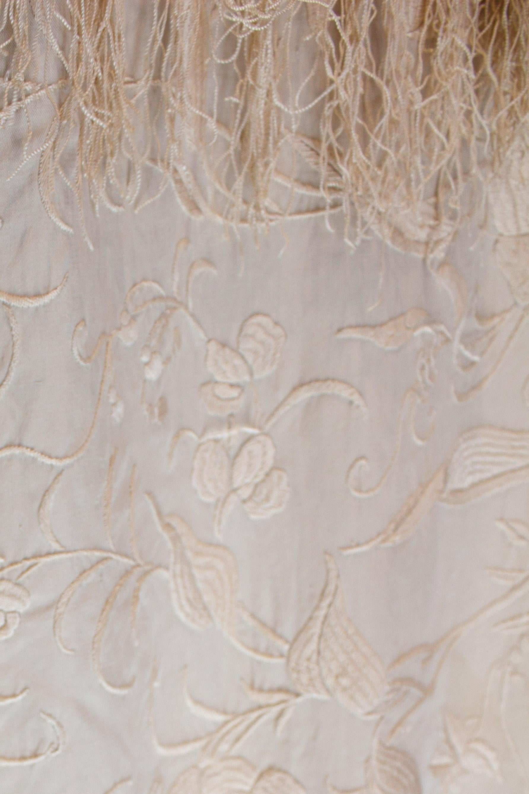 Beige Vintage Ivory Silk Embroidered Piano Shawl.