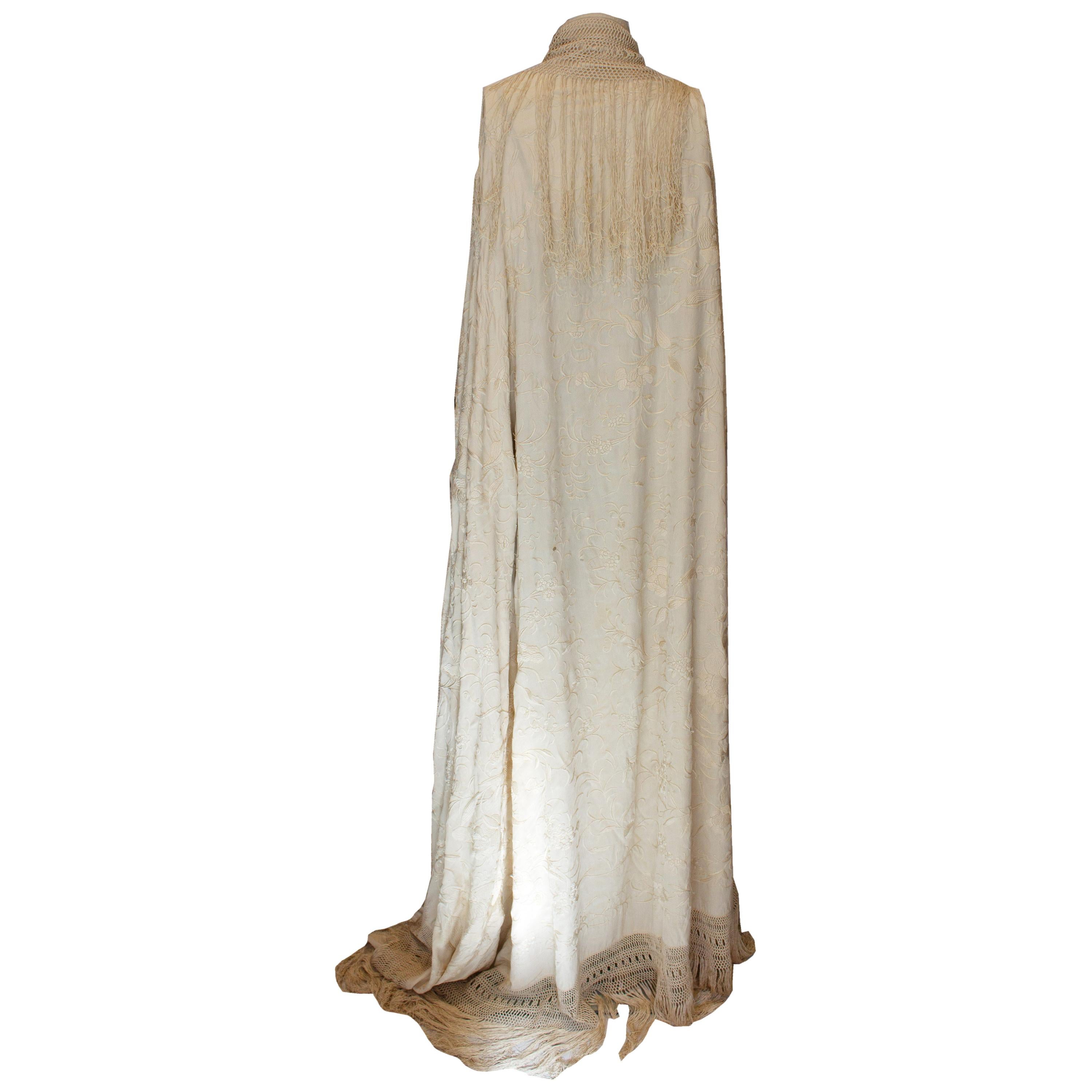Vintage Ivory Silk Embroidered Piano Shawl.