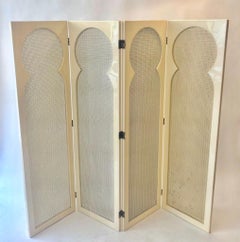 Vintage Ivory White Lacquered Wood Orientalist Folding Screen ca. 1970s