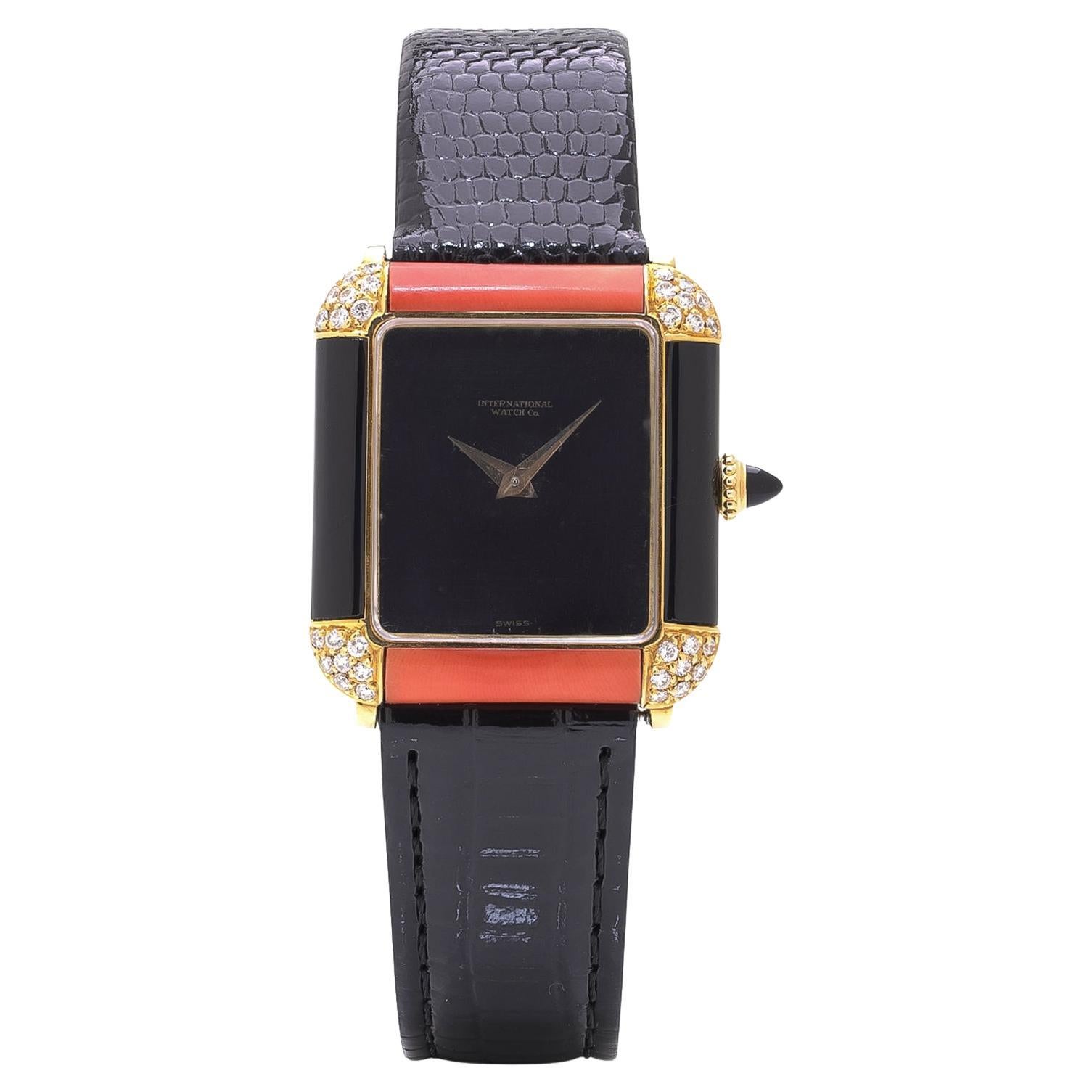 Vintage IWC 18KT Gold Coral, Onyx
Diamond Wristwatch, 1970s