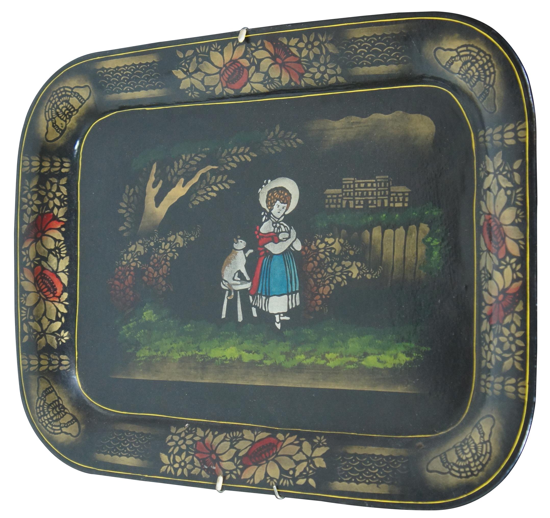 Vintage Americana Folk Art Toleware tray hand painted portrait on metal with a stenciled pastoral landscape featuring a grumpy young girl and a cat on stool, centered between a tree and fence with a grand house in the background. Detailed with