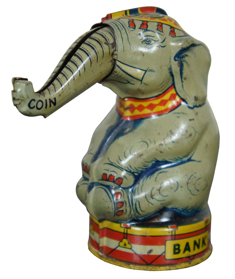 Vintage J Chein Tin Litho Circus Elephant Mechanical Coin Bank at 1stDibs