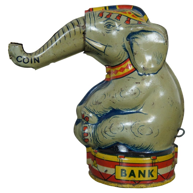 Vintage J Chein Tin Litho Circus Elephant Mechanical Coin Bank at 1stDibs