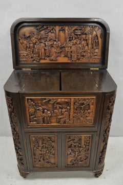 Vintage J L George Zee Chinese Figural Carved Teak Wood Flip Top Dry Bar Cabinet