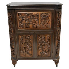 Vintage J L George Zee Chinese Figural Carved Teak Wood Flip Top Dry Bar Cabinet