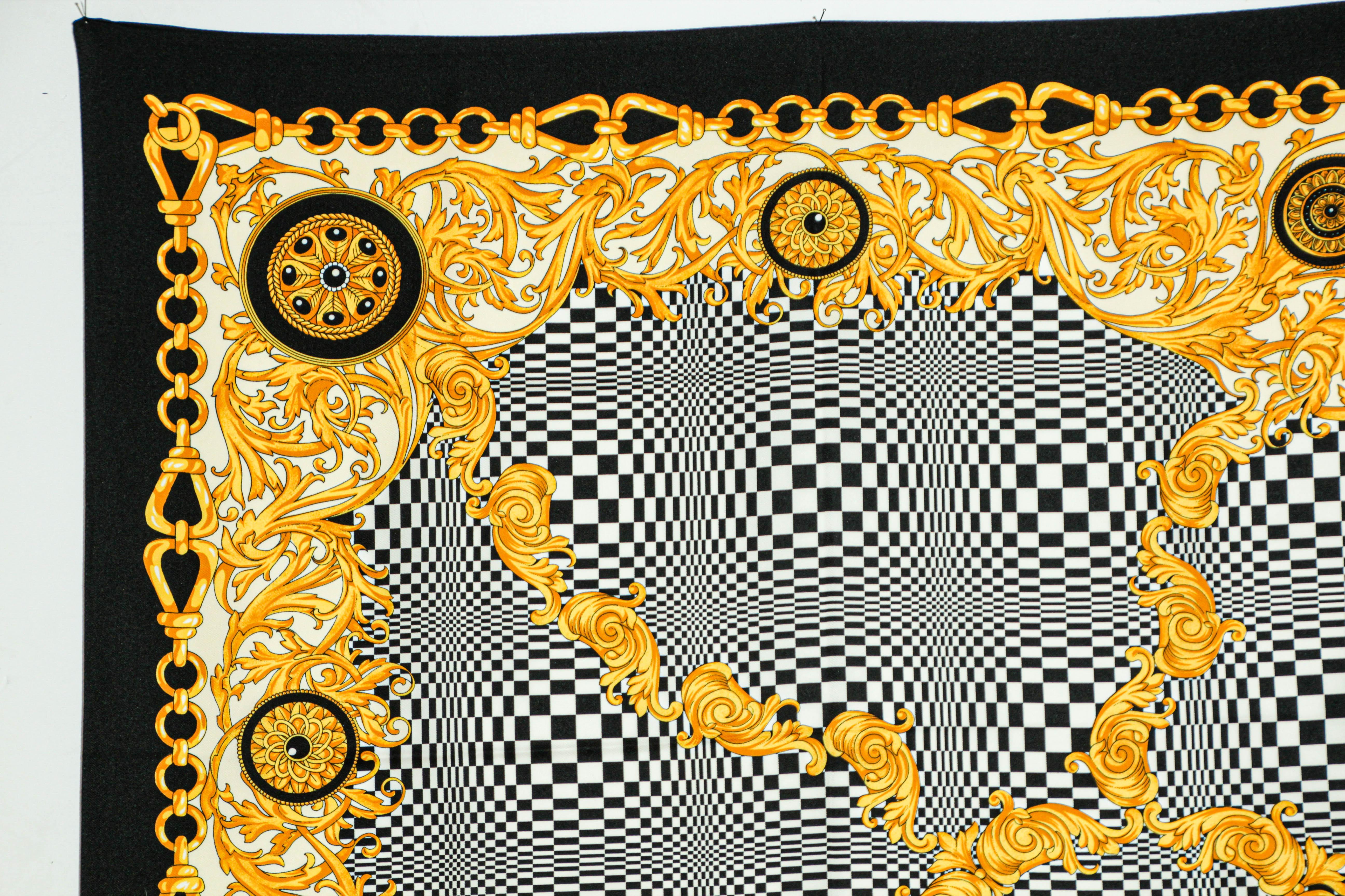 Vintage J. Mico Sancho Paris Scarf with Chain Motif Black & Gold 1980s.
Large 35 inches square vintage Silk Scarf, Vintage Silk Neck Scarf, Vintage 1980s Silk Muffler, Vintage Classic Silky Scarf.
Vintage 1980s shawl in black background with gold