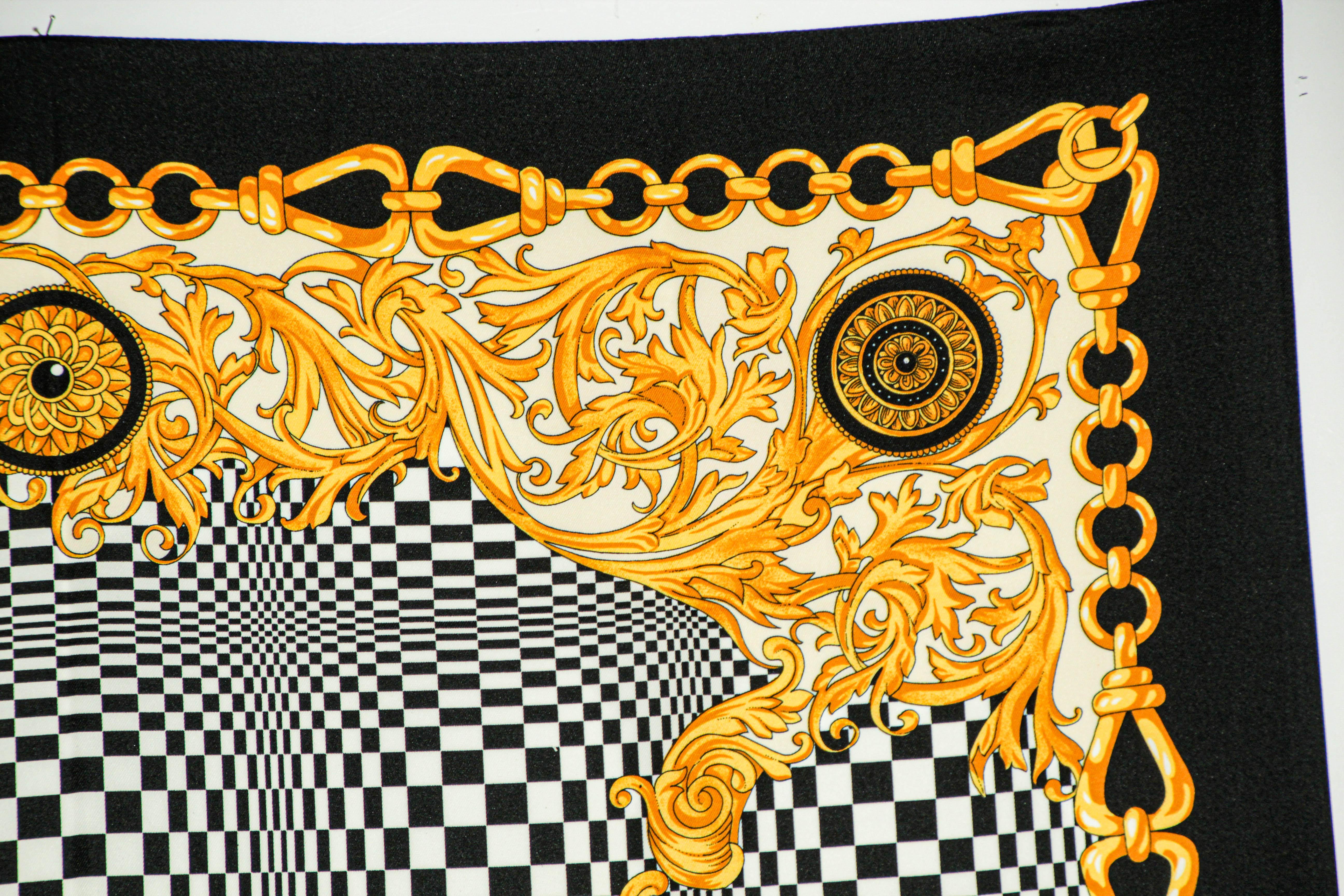 Beige Vintage J. Mico Sancho Paris Scarf with Chain Motif Black & Gold 1980s For Sale