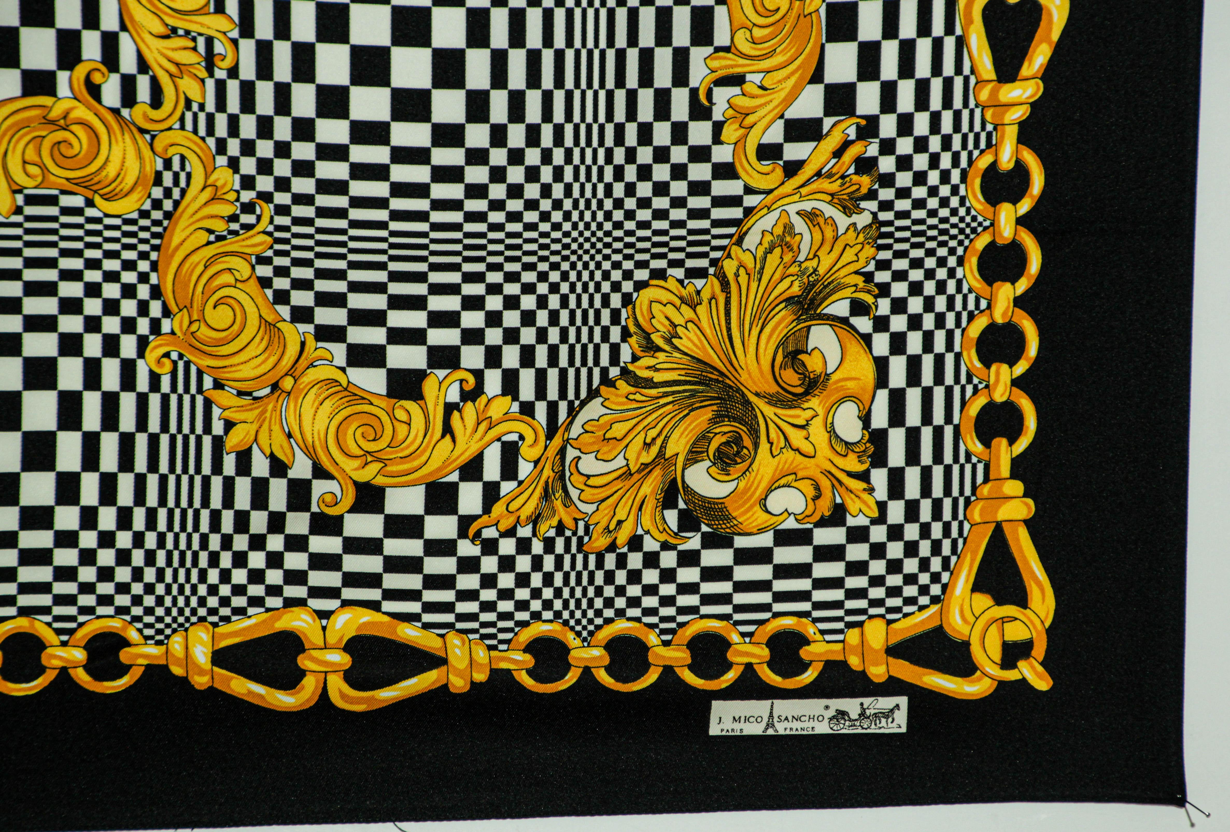 Vintage J. Mico Sancho Paris Scarf with Chain Motif Black & Gold 1980s For Sale 1