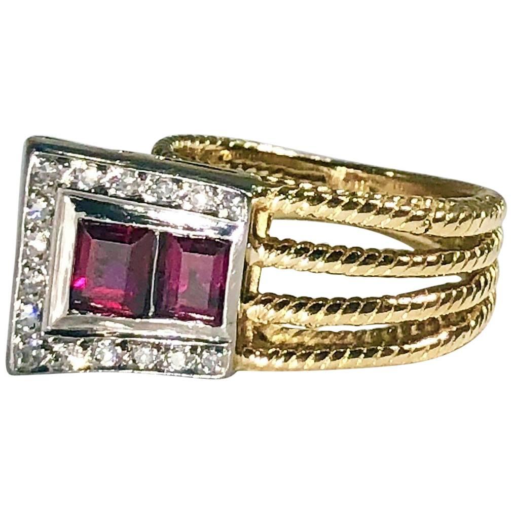 Vintage J Rossi 18 Karat Two-Tone European Cut Ruby and Diamond Fashion Ring For Sale