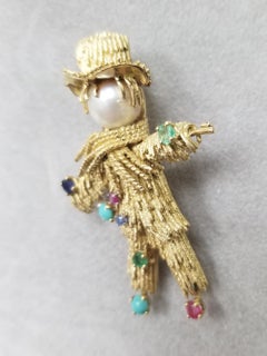 Vintage J. Rossi "Sacre Crow" Brooch in 18 Karat Gold with Multicolored Gemst