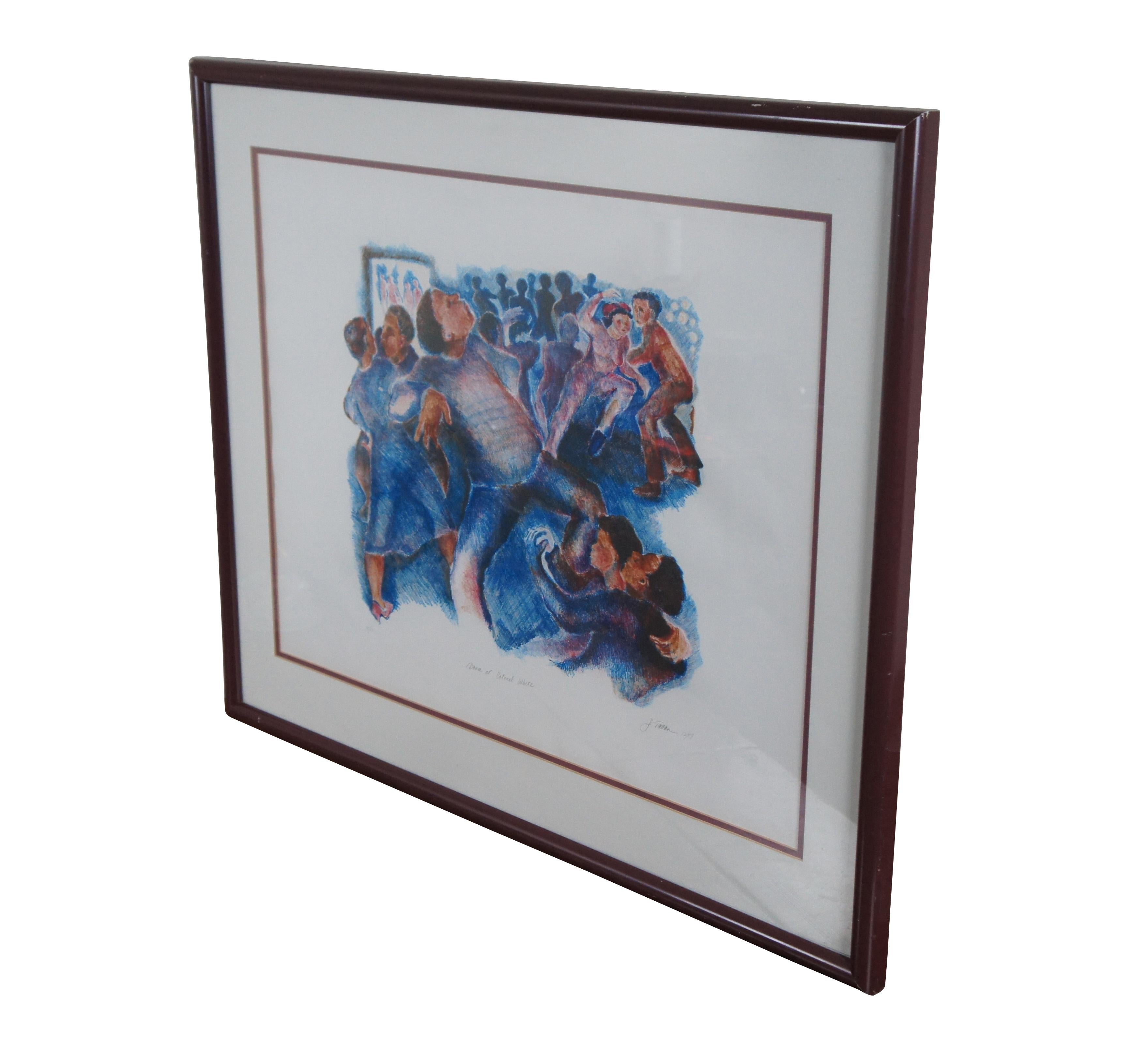 Rare vintage Dance at Colonel White pencil signed lithograph print showing figures dancing in a crowded hall. Pencil signed, dated, titled and numbered along lower edge - J. Tallan 1987, 10/10. Rounded burgundy plastic frame; white and burgundy