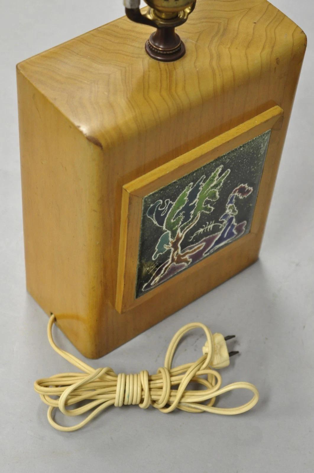 Vintage J. Warner Prins Tile Mid Century Modern Cerused Wood Small Table Lamp For Sale 3
