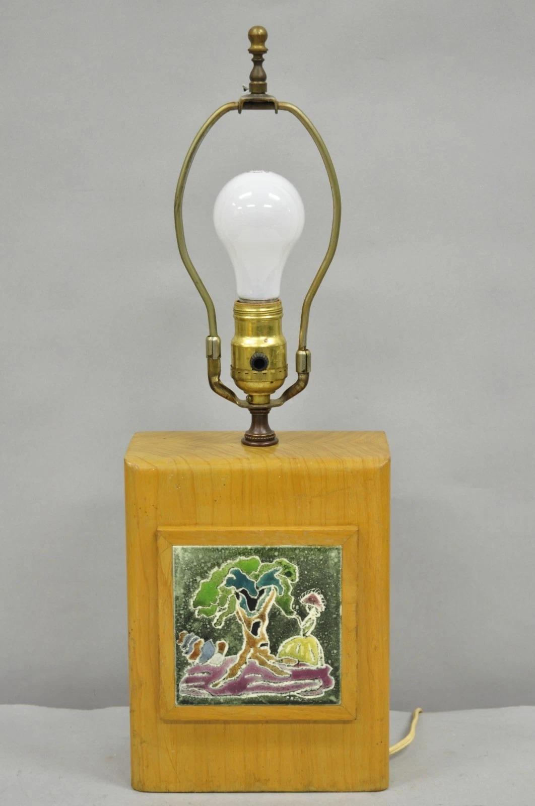Vintage J. Warner Prins Tile Mid Century Modern Cerused Wood Small Table Lamp For Sale 5