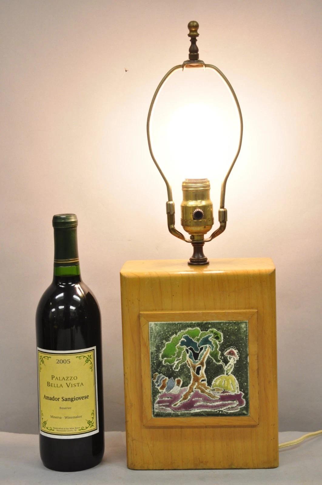 Vintage J. Warner Prins (2)Tile Mid Century Modern Cerused Wood Block Small Table Lamp, Signed. Circa Mid 20th Century. Measurements: 20