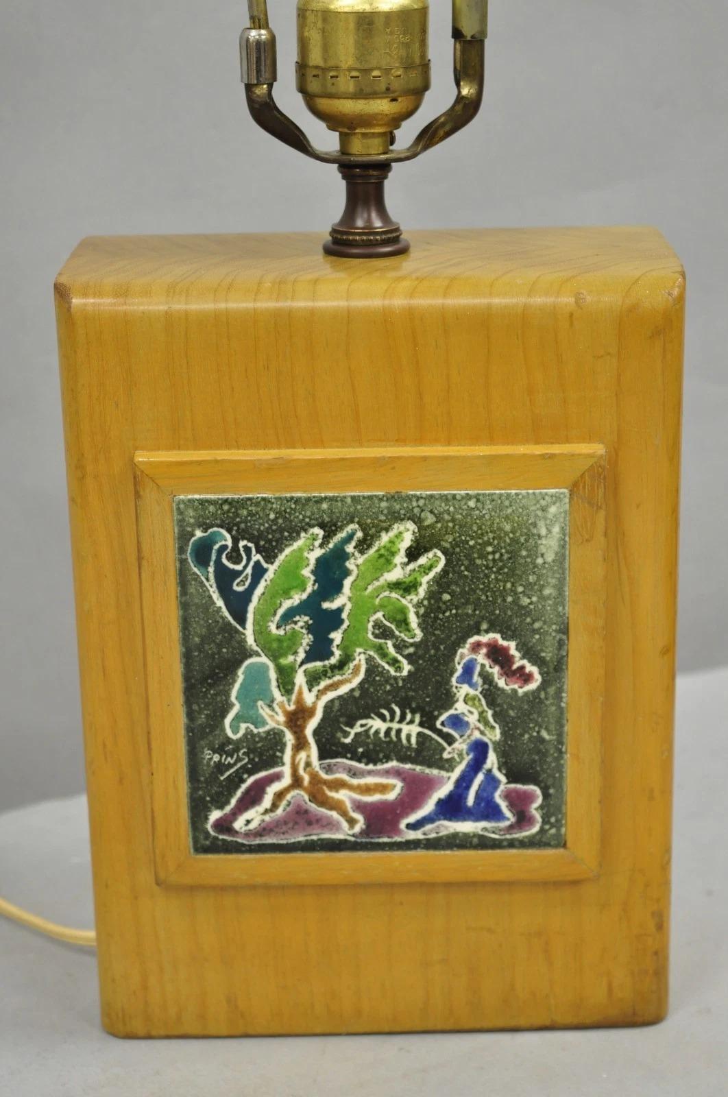 Ceramic Vintage J. Warner Prins Tile Mid Century Modern Cerused Wood Small Table Lamp For Sale