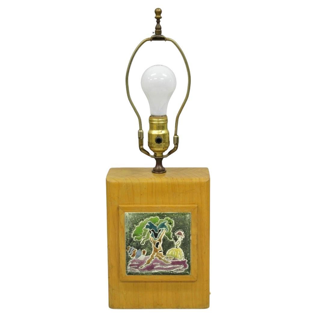 Vintage J. Warner Prins Tile Mid Century Modern Cerused Wood Small Table Lamp For Sale