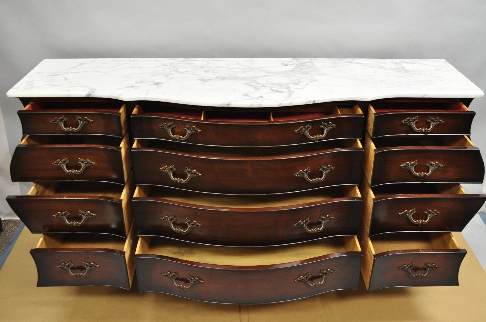 Vintage J. Zonan French Regency Mahogany Marble Top 12 Drawer Triple Dresser For Sale 3