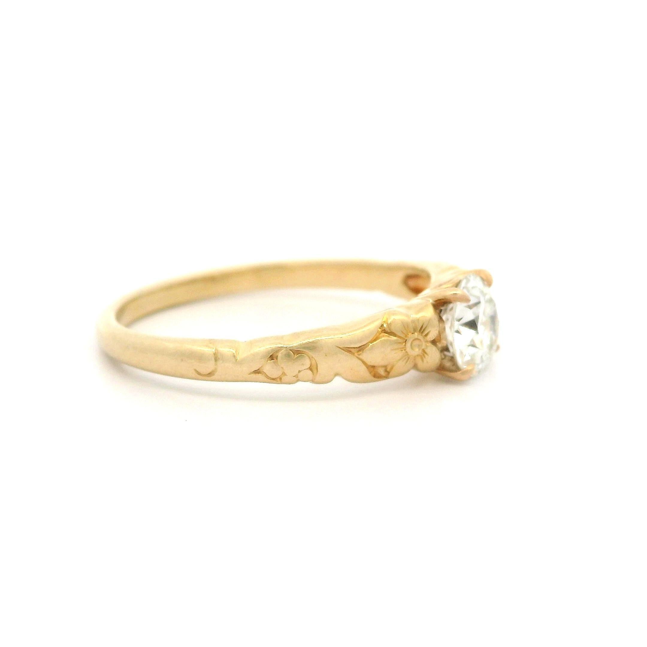 Taille vieille Europe Vintage By Jabel 14k Gold .50ct Old European Diamond Solitaire Floral Ring en vente