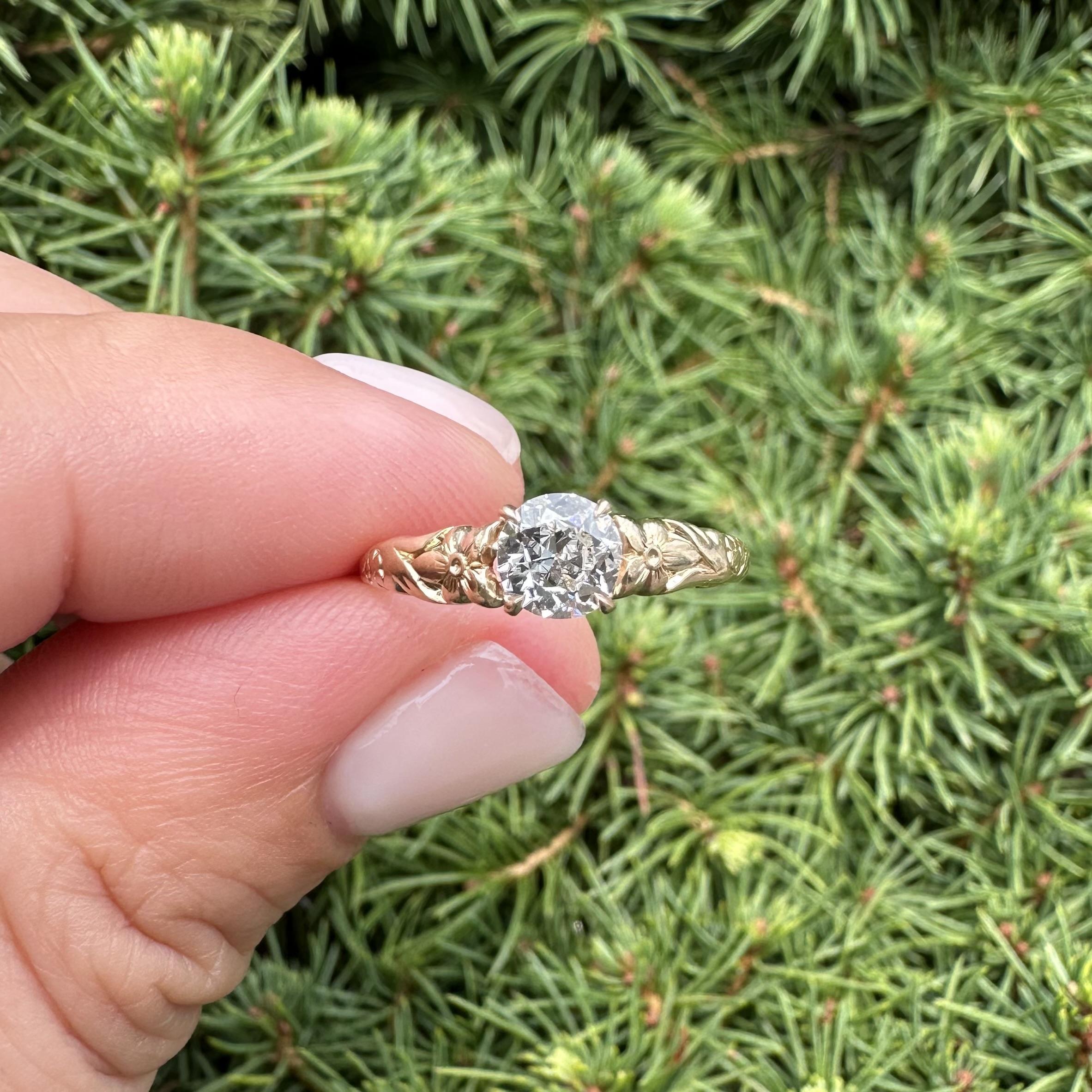 Vintage By Jabel 14k Gold .50ct Old European Diamond Solitaire Floral Ring Excellent état - En vente à Montclair, NJ