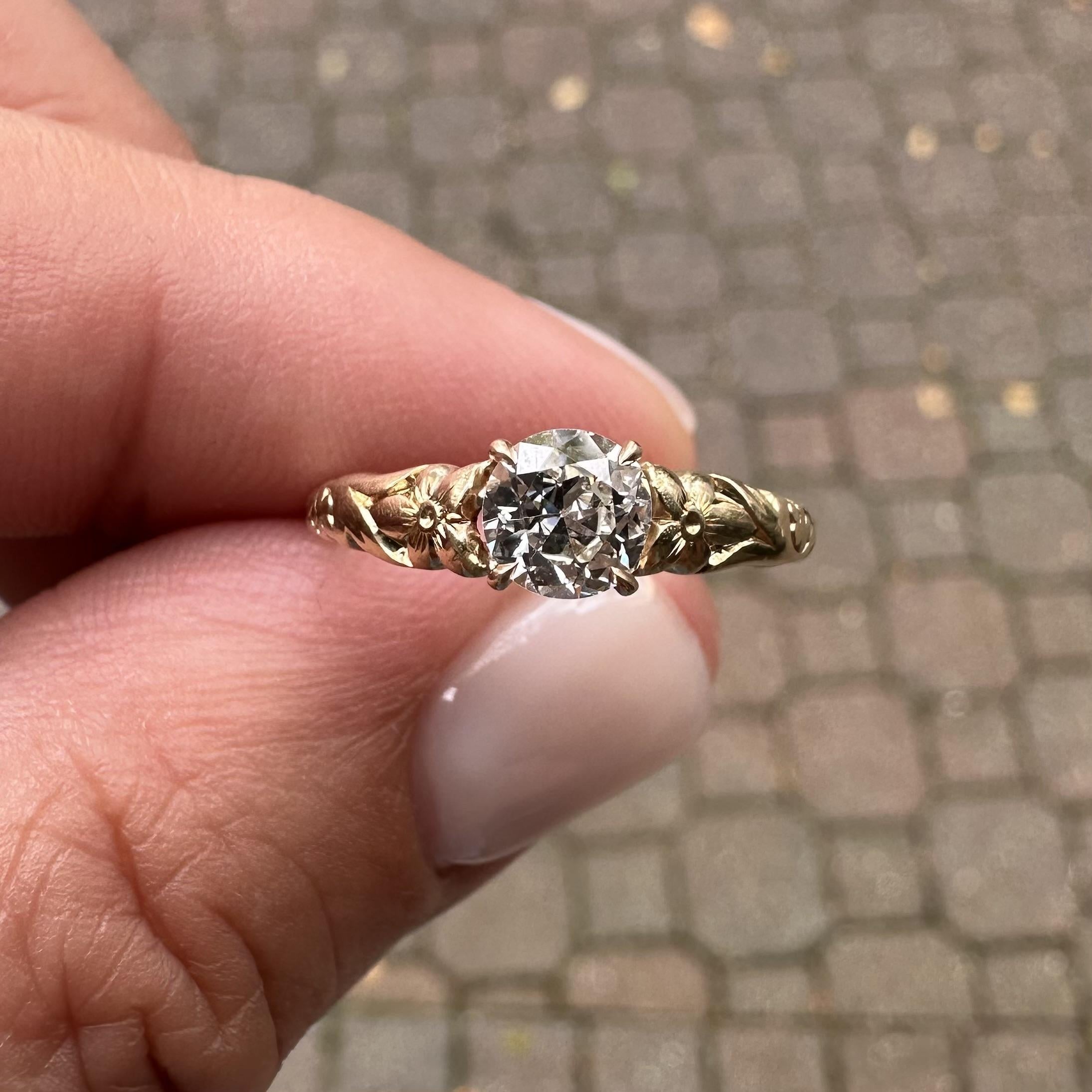 Vintage By Jabel 14k Gold .50ct Old European Diamond Solitaire Floral Ring Pour femmes en vente