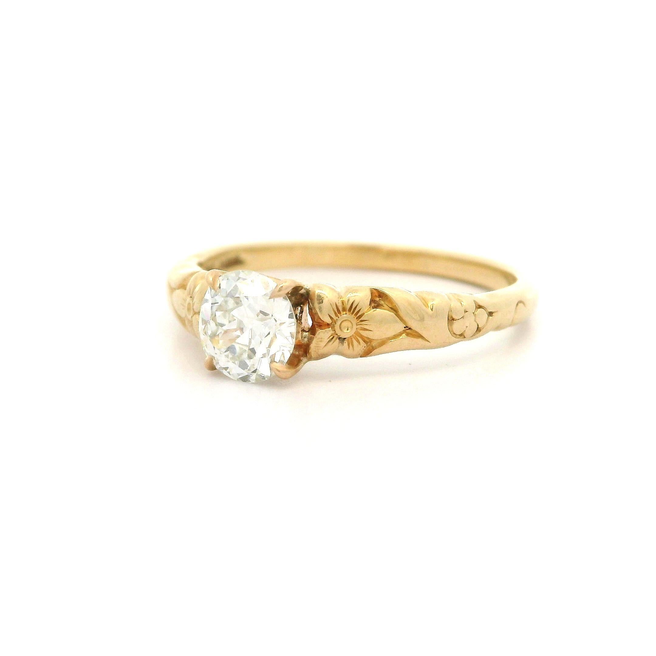 Vintage By Jabel 14k Gold .50ct Old European Diamond Solitaire Floral Ring en vente 1