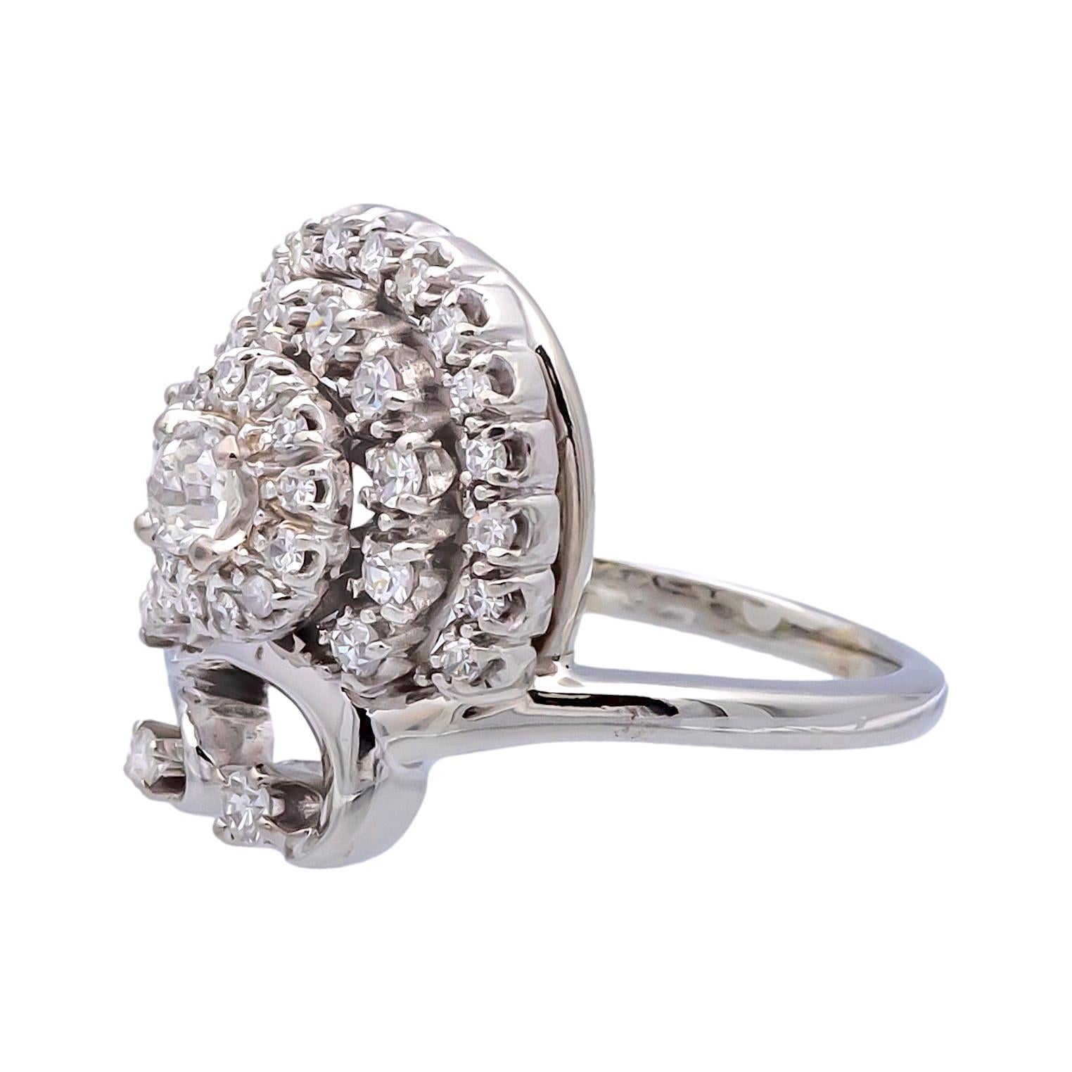 Old European Cut Vintage Jabel 14k White Gold Old Cut Diamond Cluster Cocktail Ring For Sale