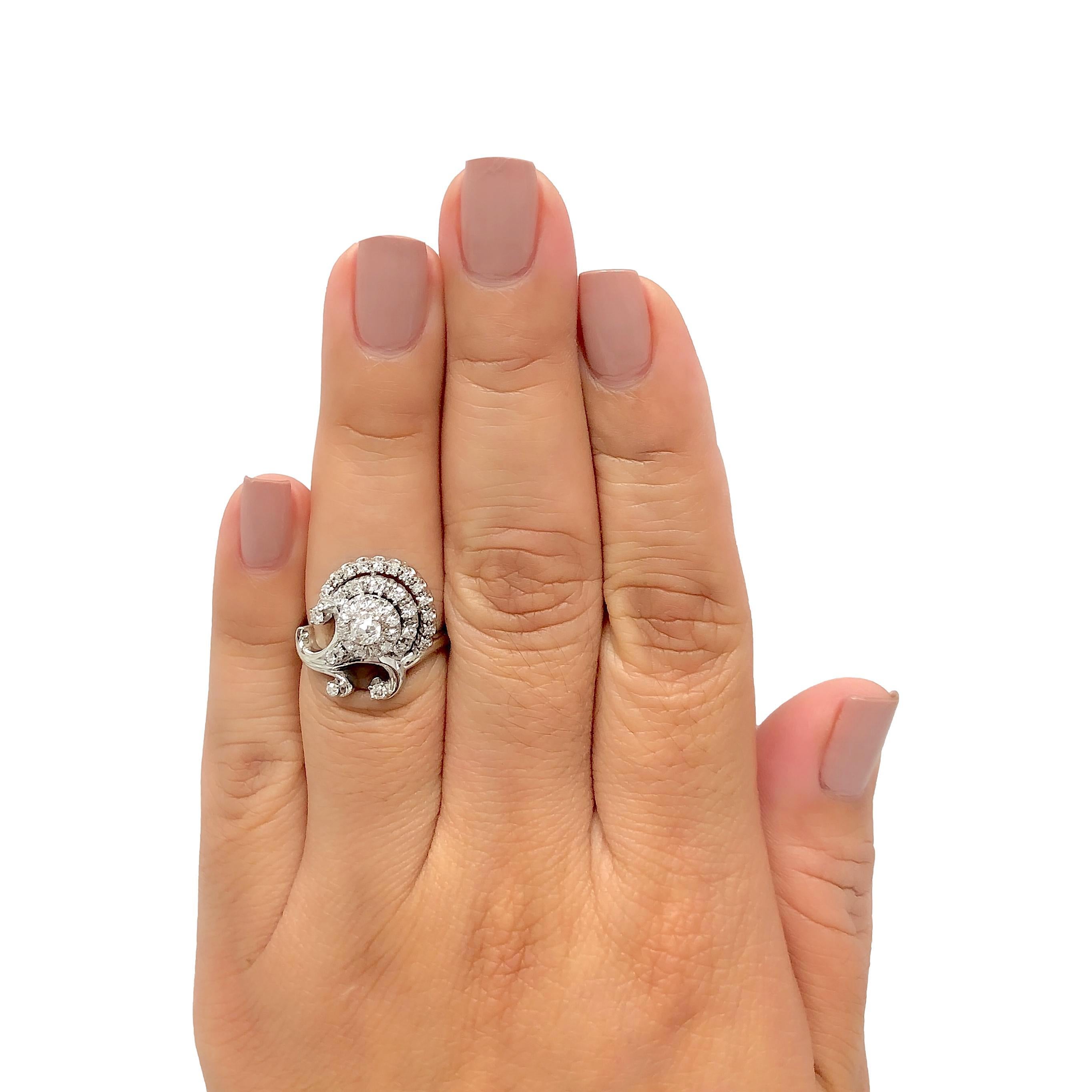 Vintage Jabel 14k White Gold Old Cut Diamond Cluster Cocktail Ring In Excellent Condition For Sale In New York, NY